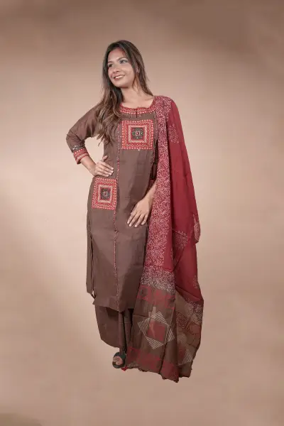 Brown Ajrakh Patchwork Silk Suit Set