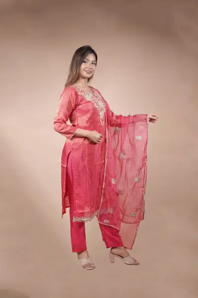 Pink Embroidered Silk Suit with Organza Dupatta