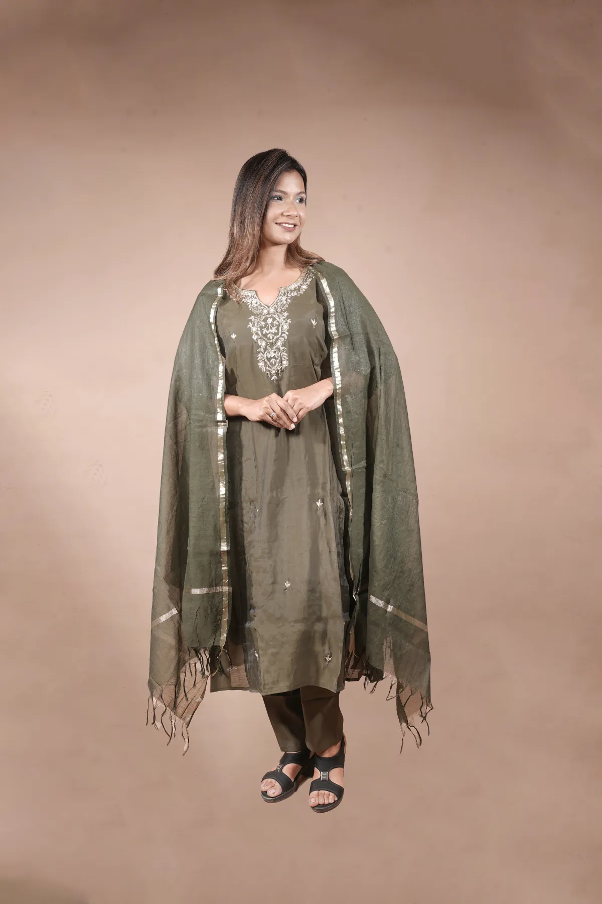 Olive Green Hand-Embroidered Silk Suit Set