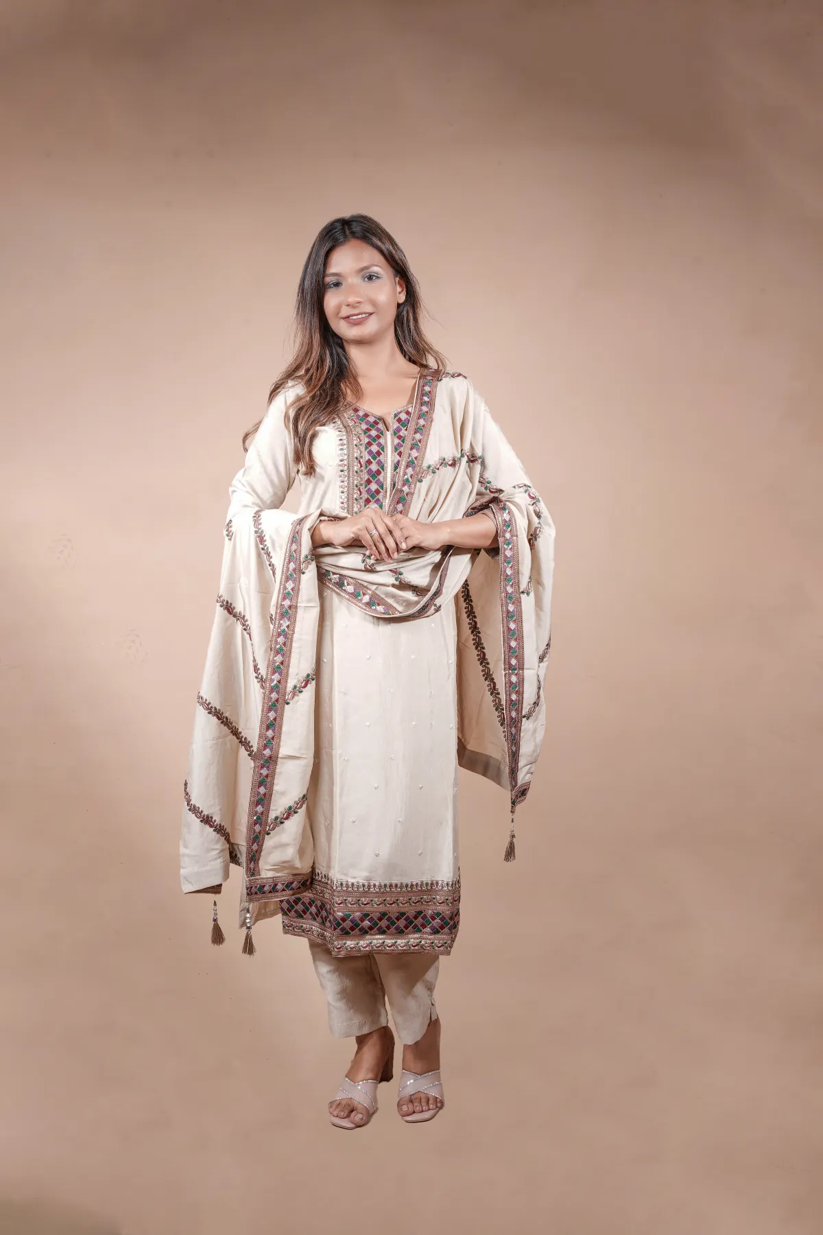 Off-White Silk Suit with Multicolored Embroidered Borders