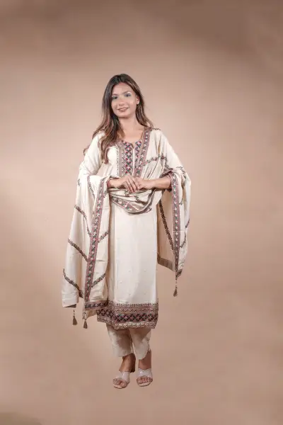 Off-White Silk Suit with Multicolored Embroidered Borders